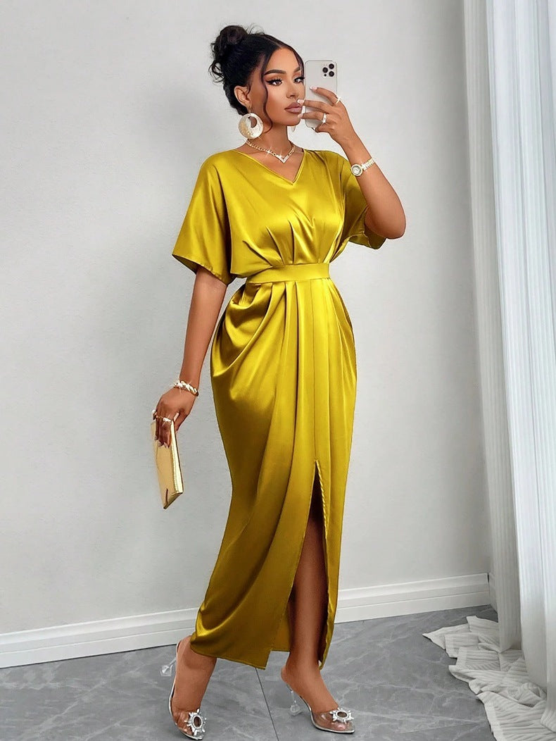 Yellow satin maxi dress with V-neck, tie waist, short sleeves, side slit