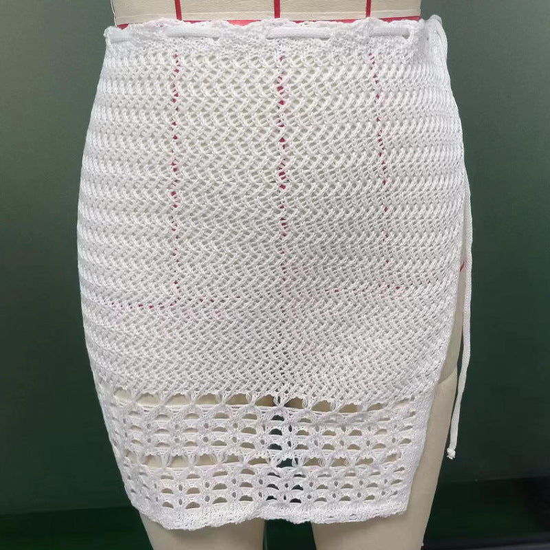 Summer Skirt Solid Color Sexy Knitted Hollow Out Cutout Beach Bikini Swimsuit Outwear Skirt Crochet hook