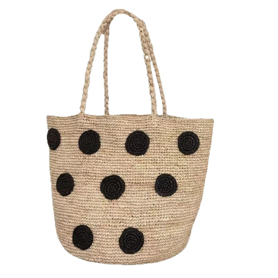 Raffia Black Polka Dot Embroidered Bag – Woven Shoulder Strap Large Summer Bucket Purse
