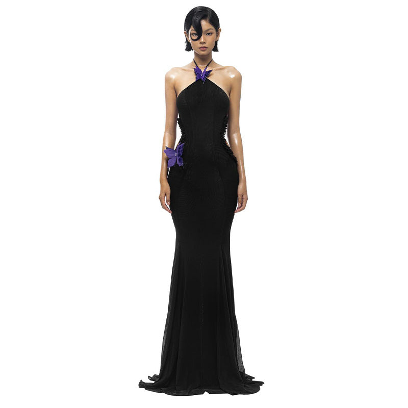 Autumn Sexy off Shoulder Halter Butterfly Decoration Slim Fit Holiday Dress Women