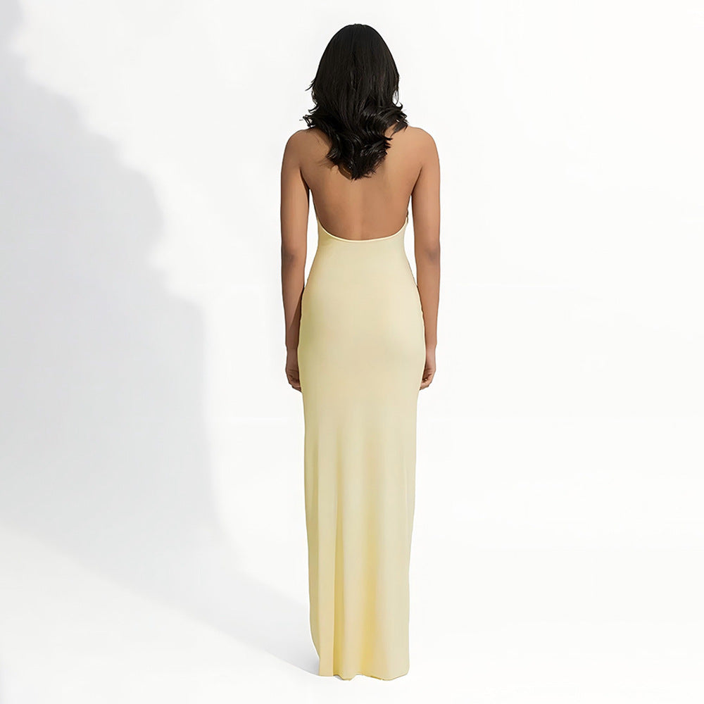 Summer Elegant Halter Deep V Plunge Dress Sexy Backless Sheath Dress