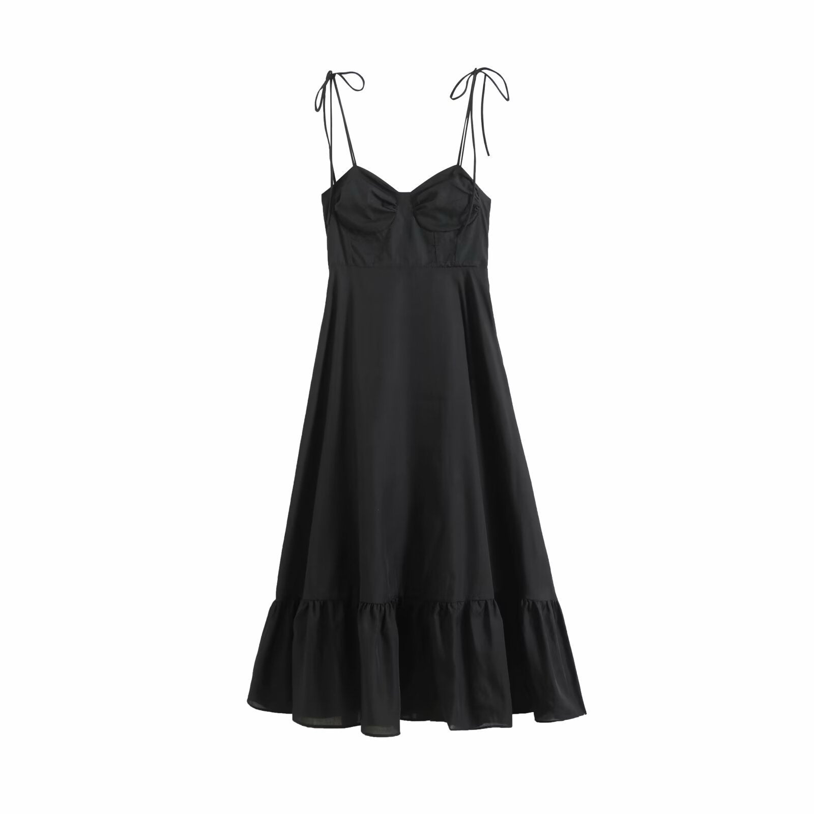 Black sleeveless poplin sling dress with spaghetti straps and tiered skirt