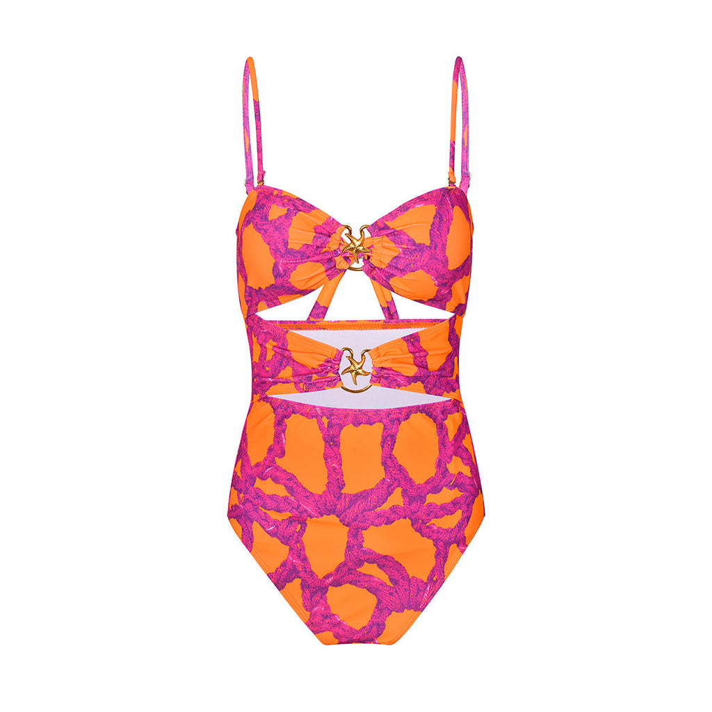 Hollow Out Cutout Out Strap One Piece Swimsuit Women Swimwear Two Piece Blouse Printing