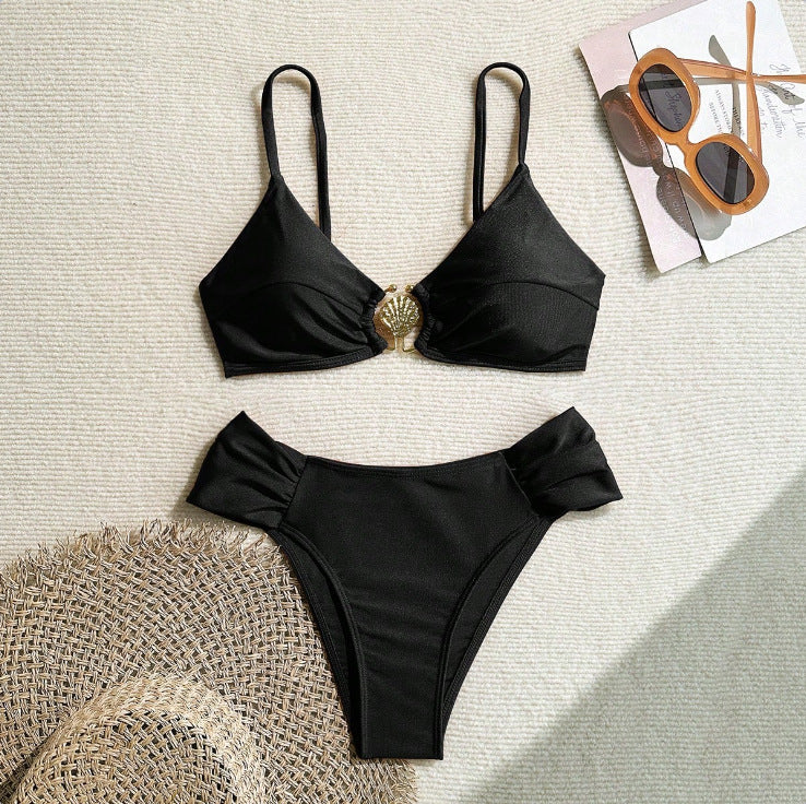 Black solid-color bikini set with triangle top and high-cut brief bottoms