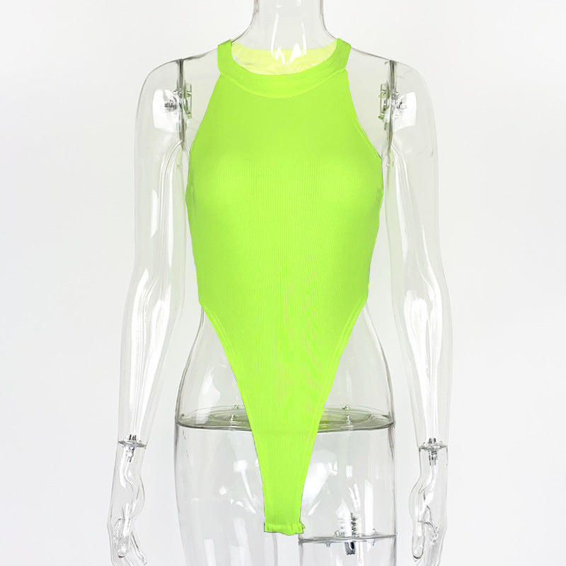 Neon lime sleeveless slim ribbed bodysuit with halter-style high neckline