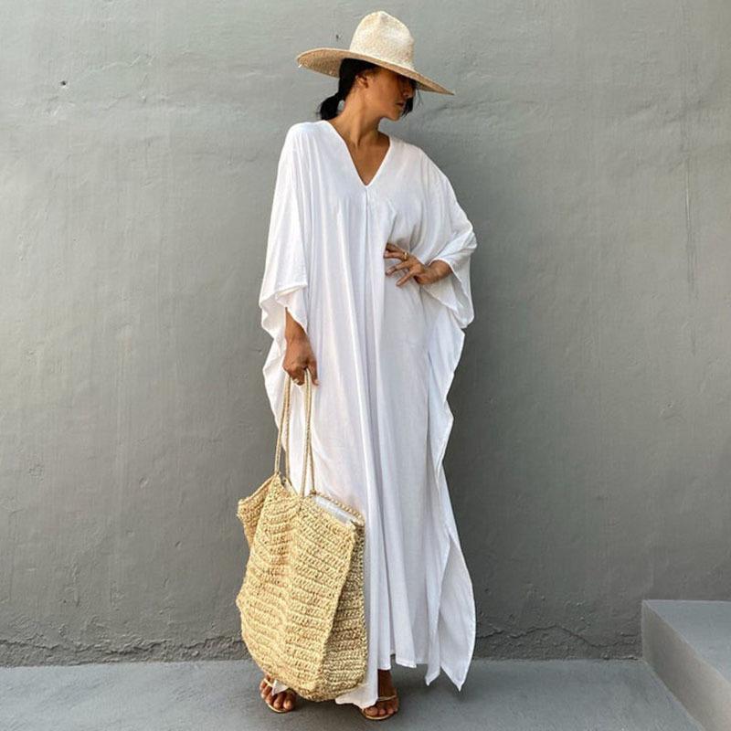 Rayon Loose Robe Beach Cover Up Sexy V Neck Headband Belt Sun Protection Dress Women