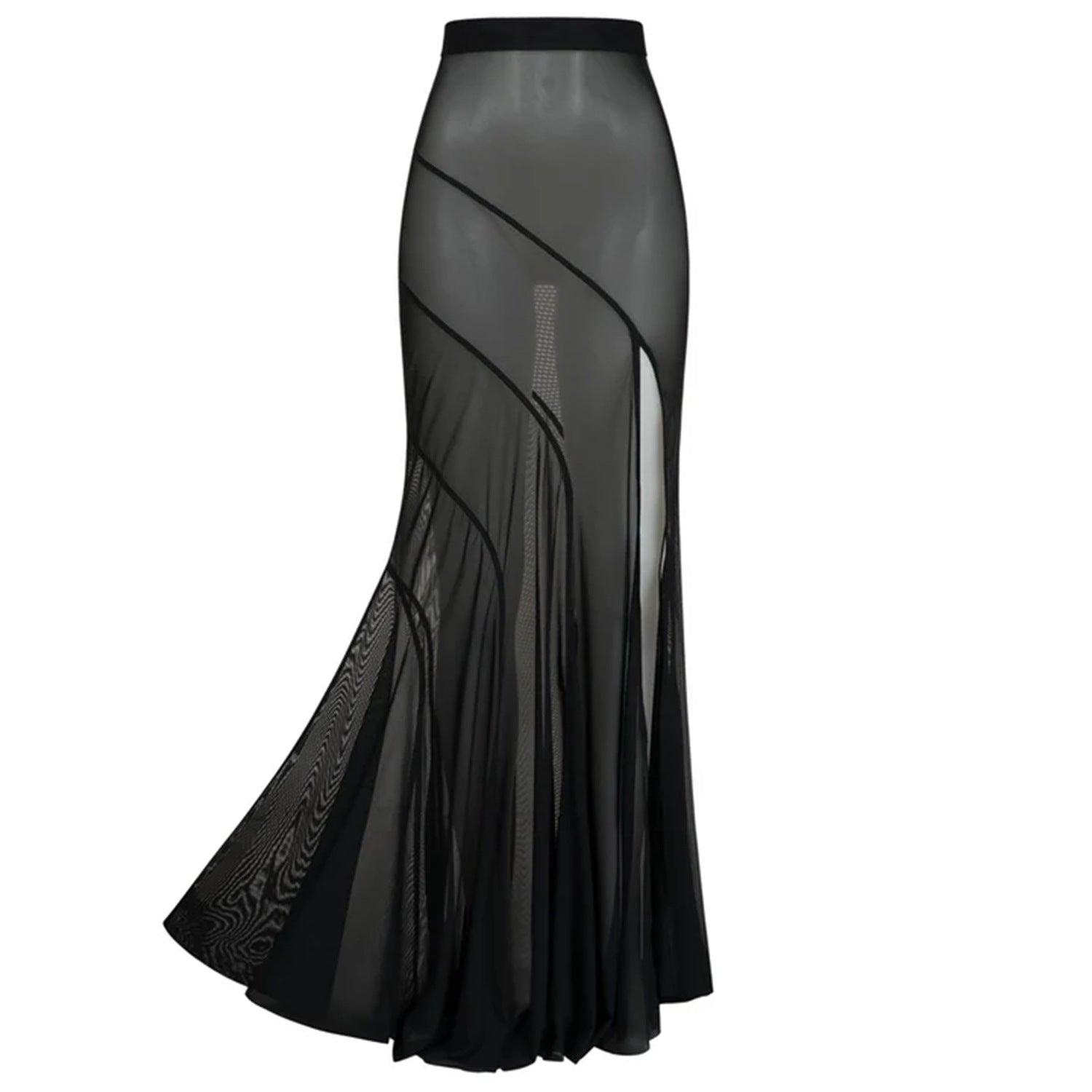 Black sheer-overlay swim skirt with draped pleats