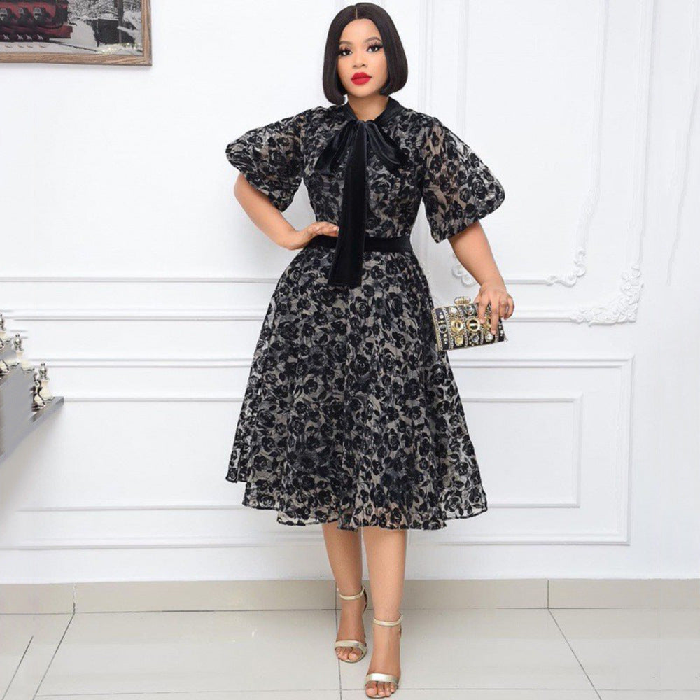 Summer Graceful Stand Collar Black Flocking Encryption Mesh Cinched Lace Stitching Slimming Dress