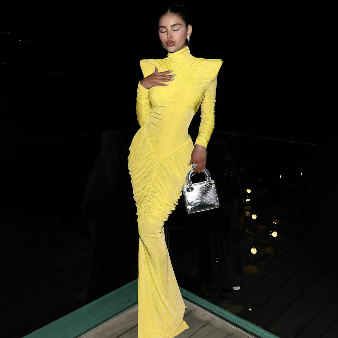 Yellow turtleneck backless maxi dress with ruched pleats and long sleeves
