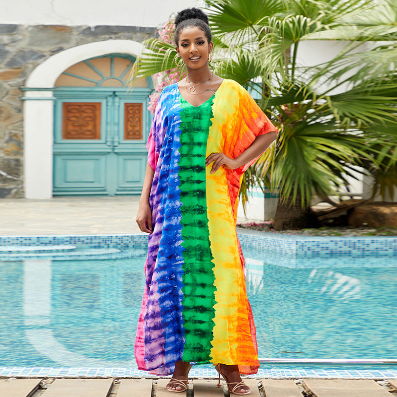 Multicolor striped maxi cover-up dress with V-neck and loose kaftan style