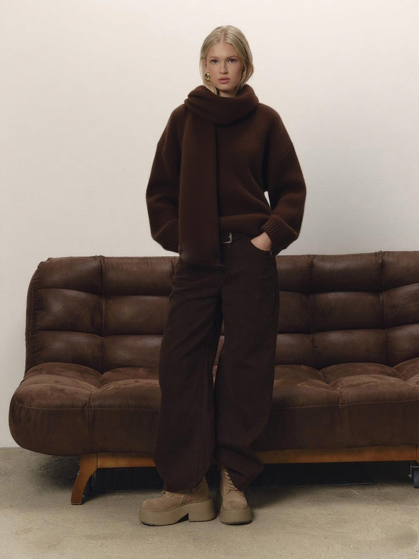 Brown fuzzy wool sweater with oversized cowl hood, long sleeves, relaxed fit
