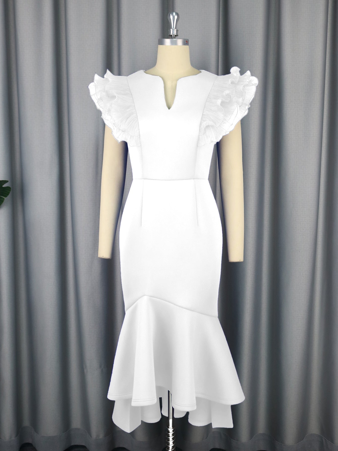 White ruffle short-sleeve cocktail dress with fitted waist and flared mermaid hem