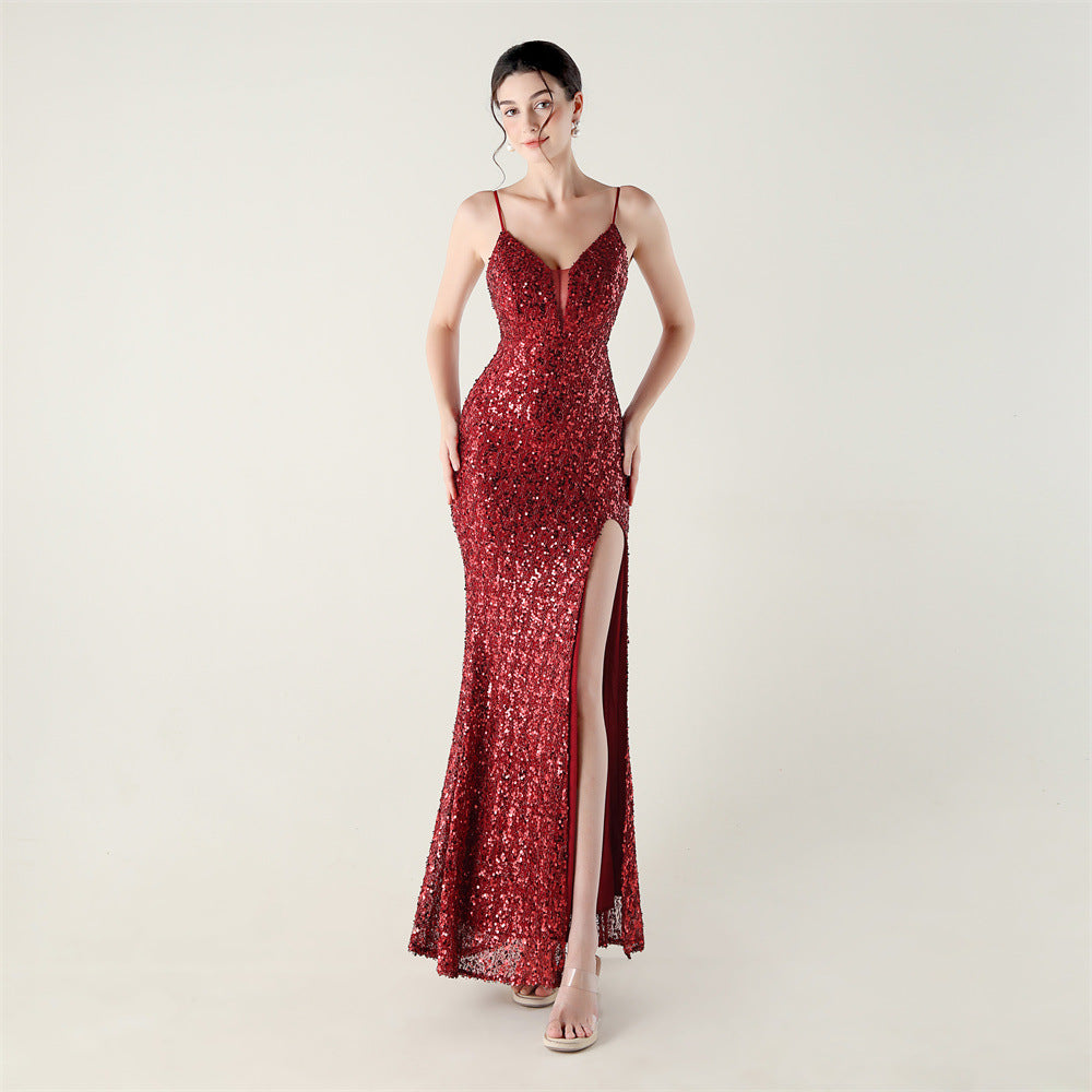 Deep red bead-sequin spaghetti-strap evening dress with high slit and slim fit