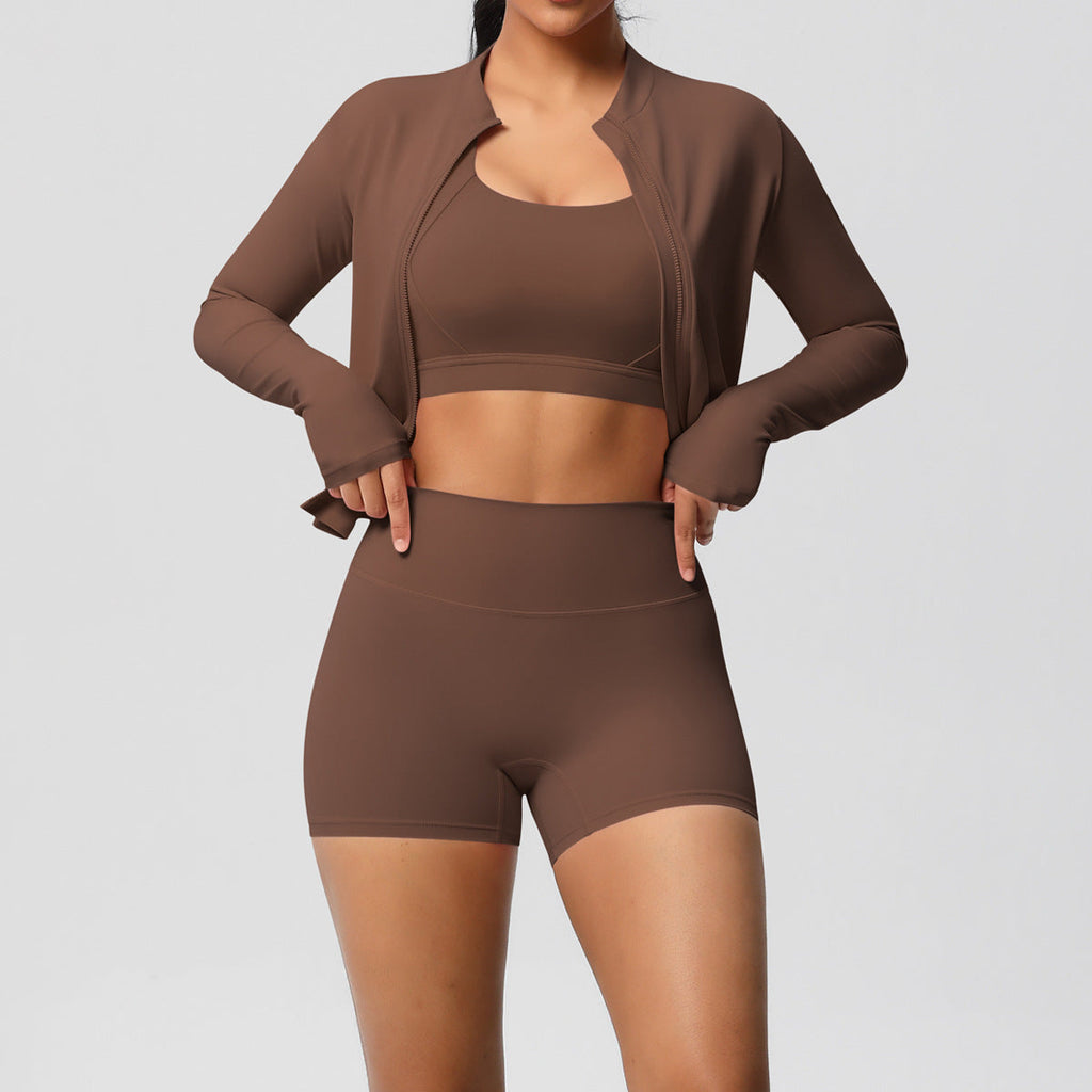 Solid Color Cloud Sense Yoga Bra Sports Coat Pilates Running Shorts Fitness Yoga Wear Three Piece Set for Women