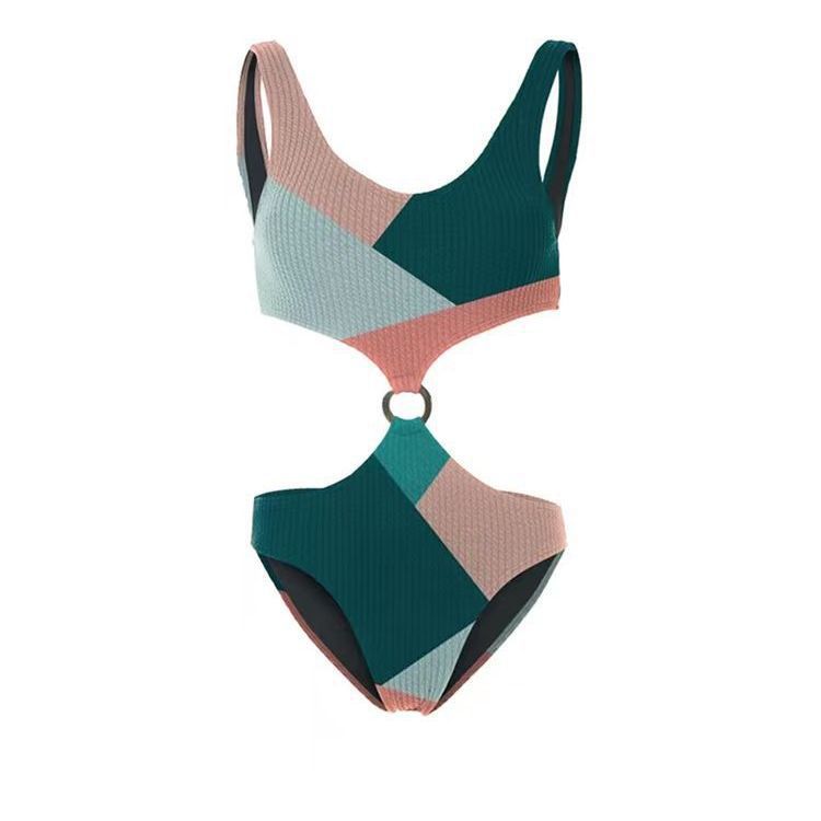 Contrast Color One Piece Bikini Two Piece Set Wishi Mesh Gauze Skirt Vacation Swimwear