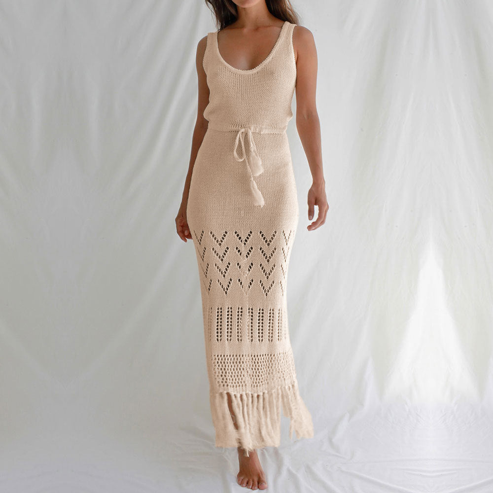 Apricot sleeveless crochet maxi dress with scoop neck, drawstring waist, tassel hem