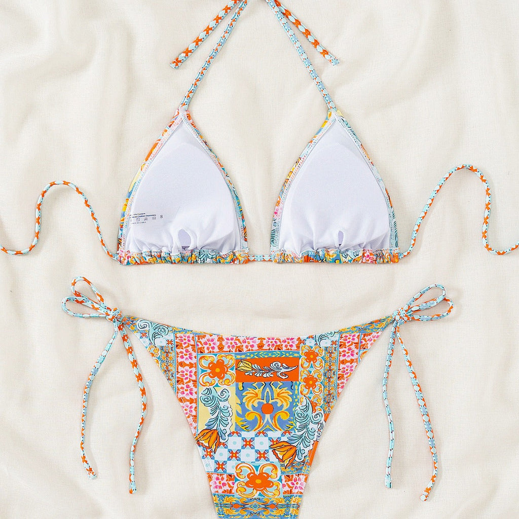 Bikini Triangle Cup Printed Lace up Sexy Bikini Swimsuit Swimwear Women