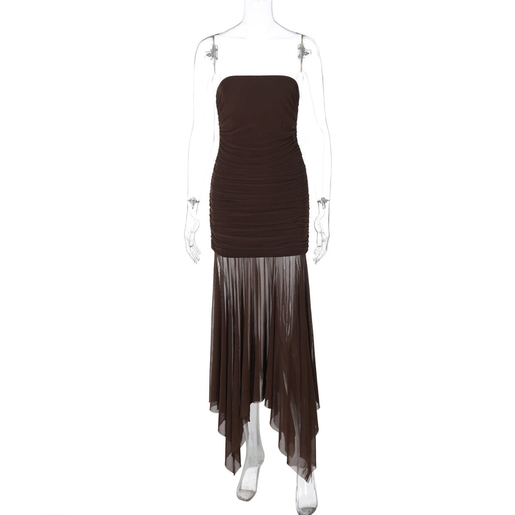 Women Clothing Spring Sexy Tube Top off Neck Mesh Stitching Dress