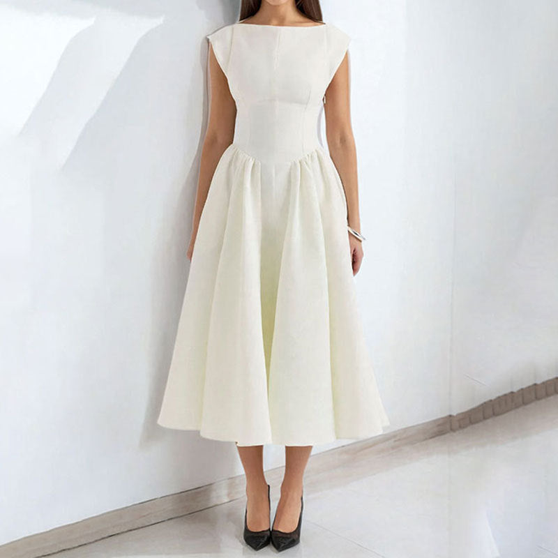 White sleeveless dress with gathered waist and A-line midi skirt