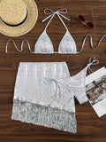 Swimwear Three Piece Set Tassel Edge Sexy Tight Lace up Swimsuit Women Hip Wrapped Bikini Suit