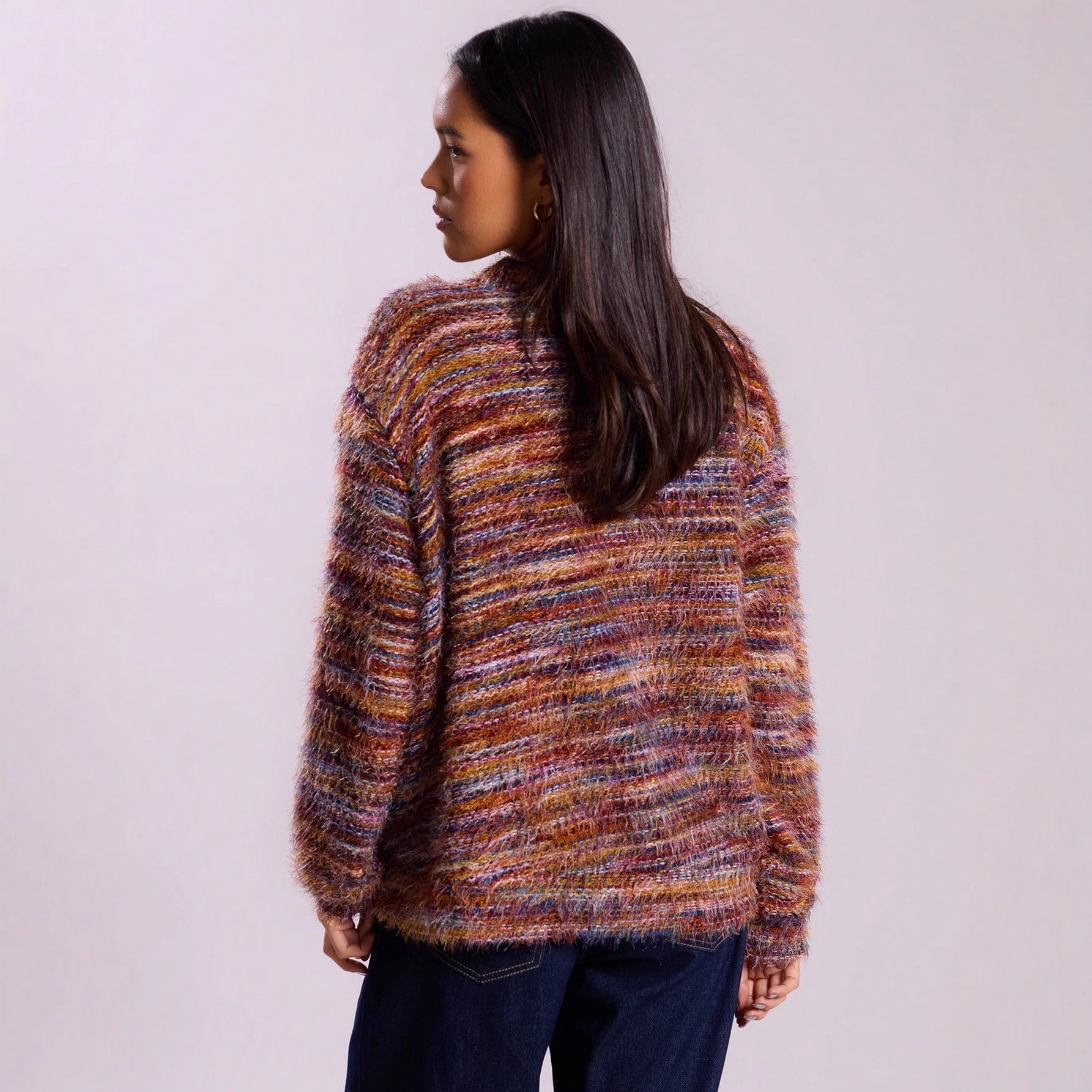 Retro Deep V Plunge neck Design Maillard Plush Long Sleeve Cardigan