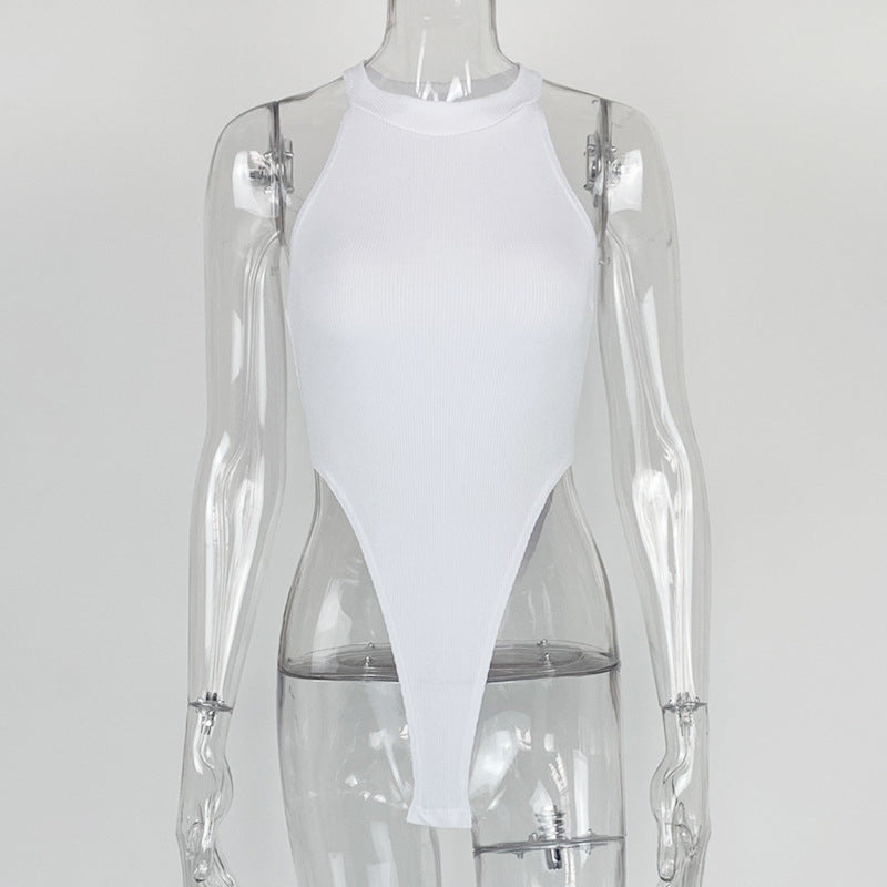 White sleeveless slim ribbed bodysuit with halter-style high neckline