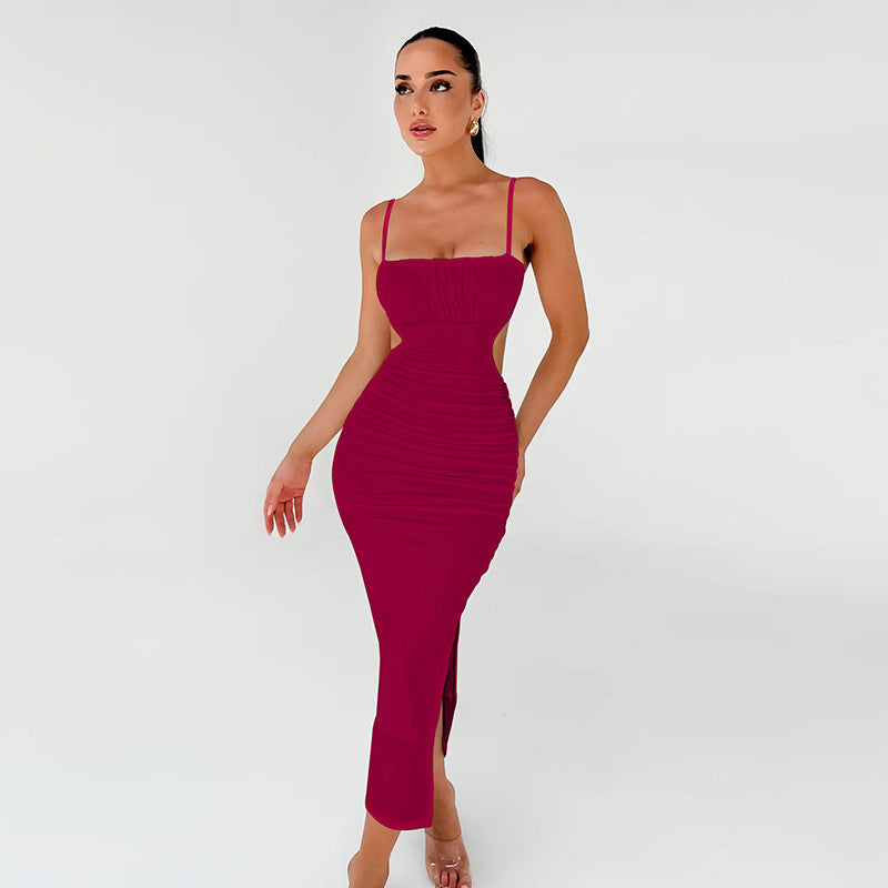 Burgundy bodycon cami maxi dress with ruched bodice and side slit, spaghetti straps
