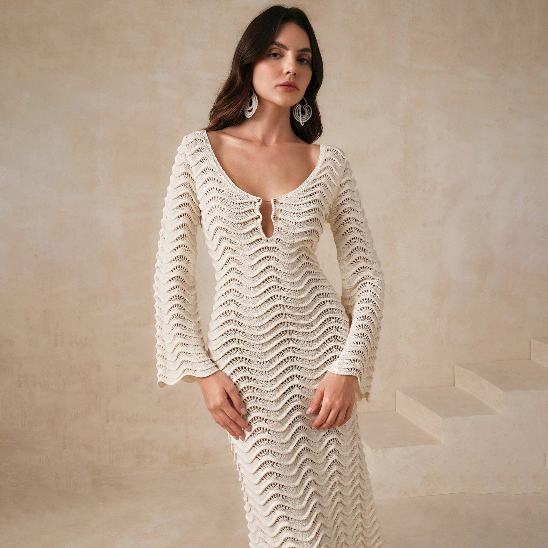 Beach Dress Women Solid Color Sexy Knitted Beach Bikini Swimsuit Blouse Sun Protective Clothing