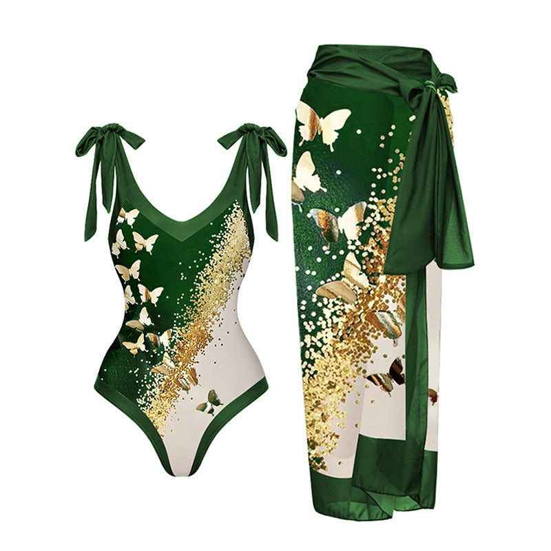 Sexy Siamese Conservative Cover Belly Thin Swimsuit Spring Bathing Suit Women Chiffon Beach Dress