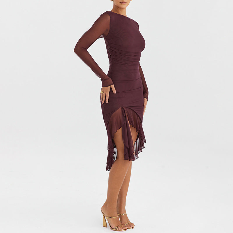 Autumn Sexy Trend Round Neck Slim Fit Long Sleeved Mesh Stitched Backless Sheath Dress