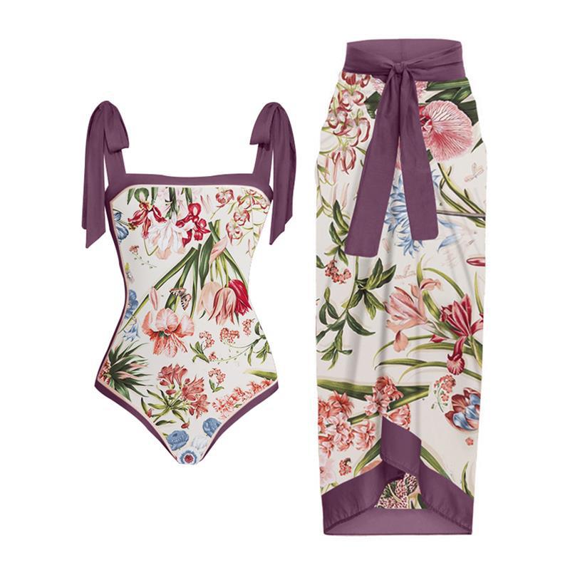 Printed Conservative Hiding Slimming Mesh Beach Dress Women One Piece Two Piece Suit Swimsuit