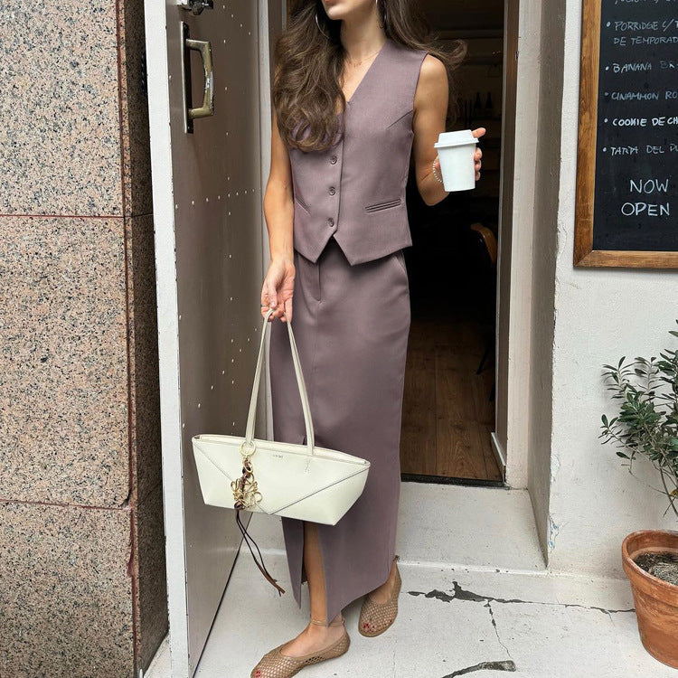 Vest Jacket Hip Skirt Set V neck Sleeveless Top Split Skirt Office Two Piece Set