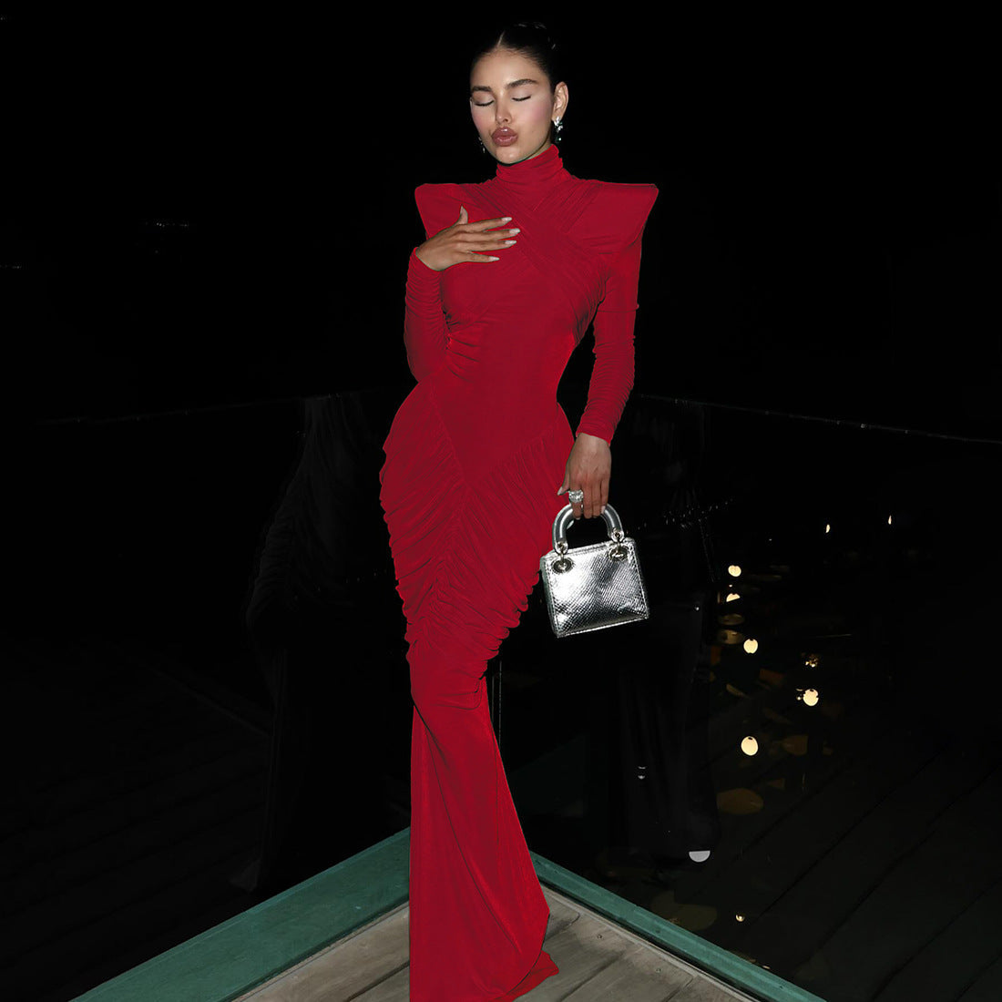 Red turtleneck backless maxi dress with ruched pleats and long sleeves