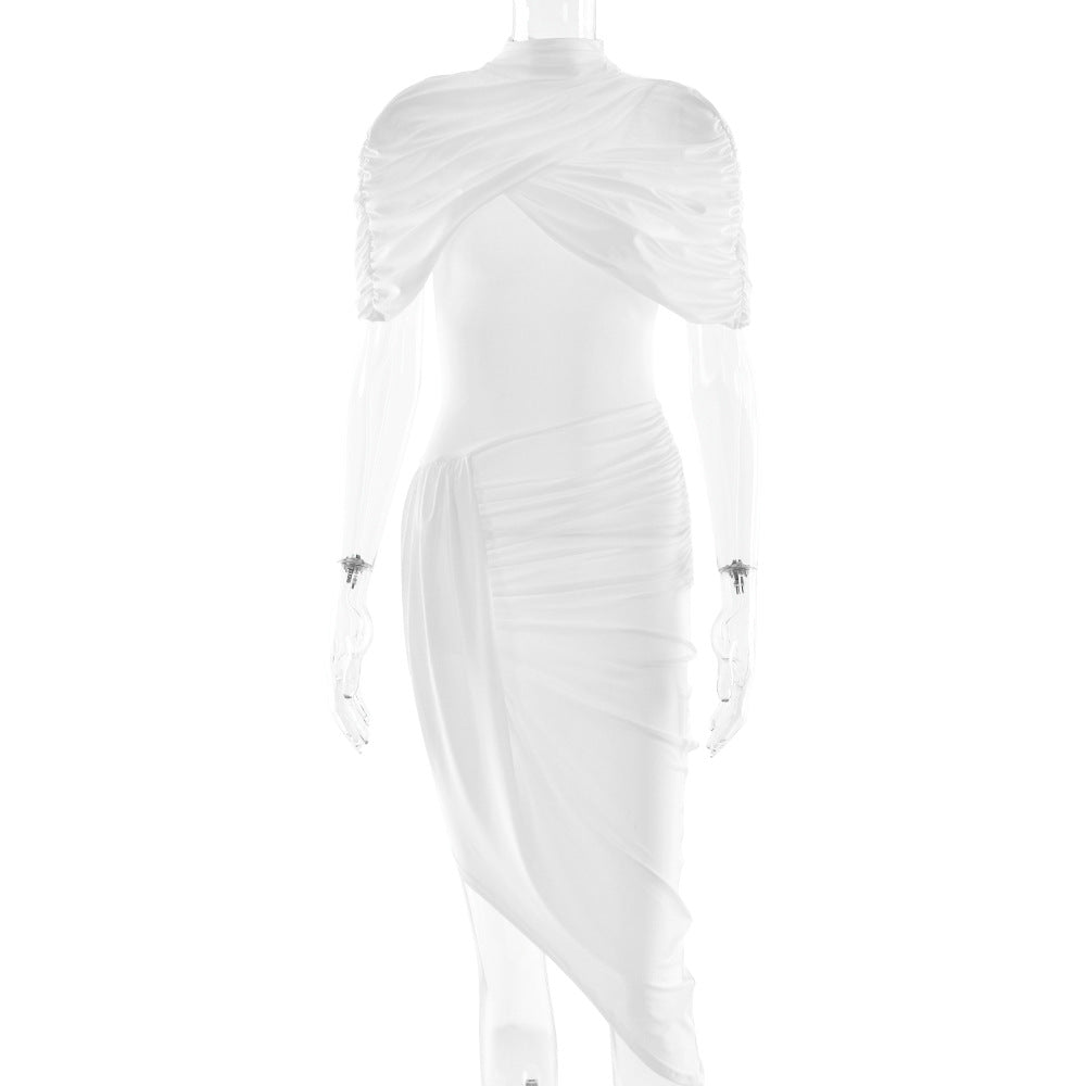 White pleated sheath midi dress with draped cap sleeves and asymmetric side drape