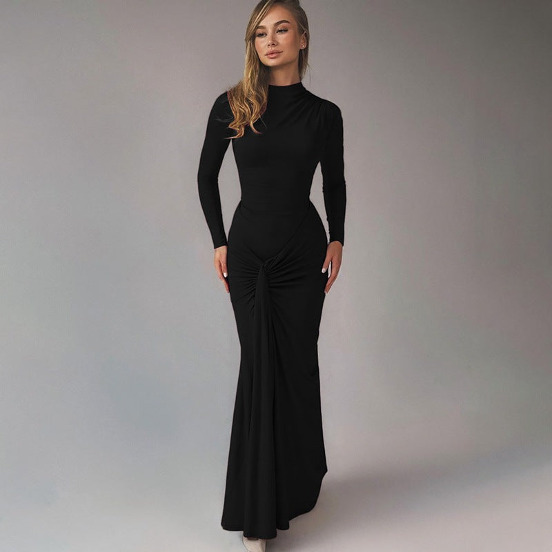 Black long-sleeve ruched-waist sheath maxi dress