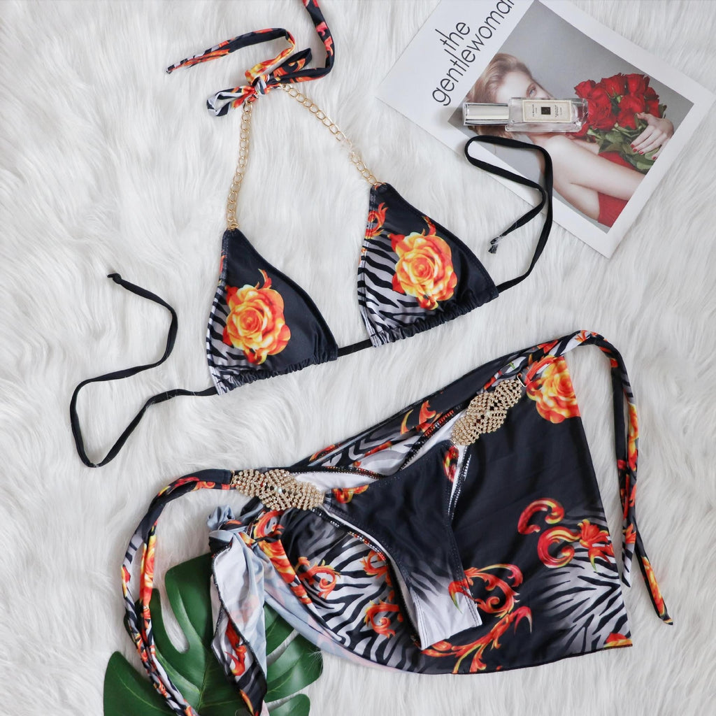 Sexy Tied Swimsuit Vacation Swimsuit Luxury Rhinestone Bikini Three-Piece Set