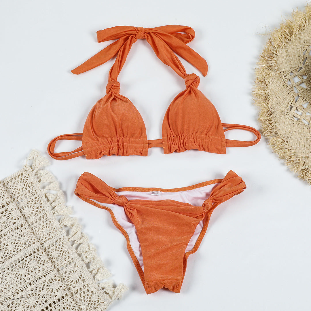 Solid Color Knotted Sexy Lace Up Bikini Light Nylon Split Swimsuit Women