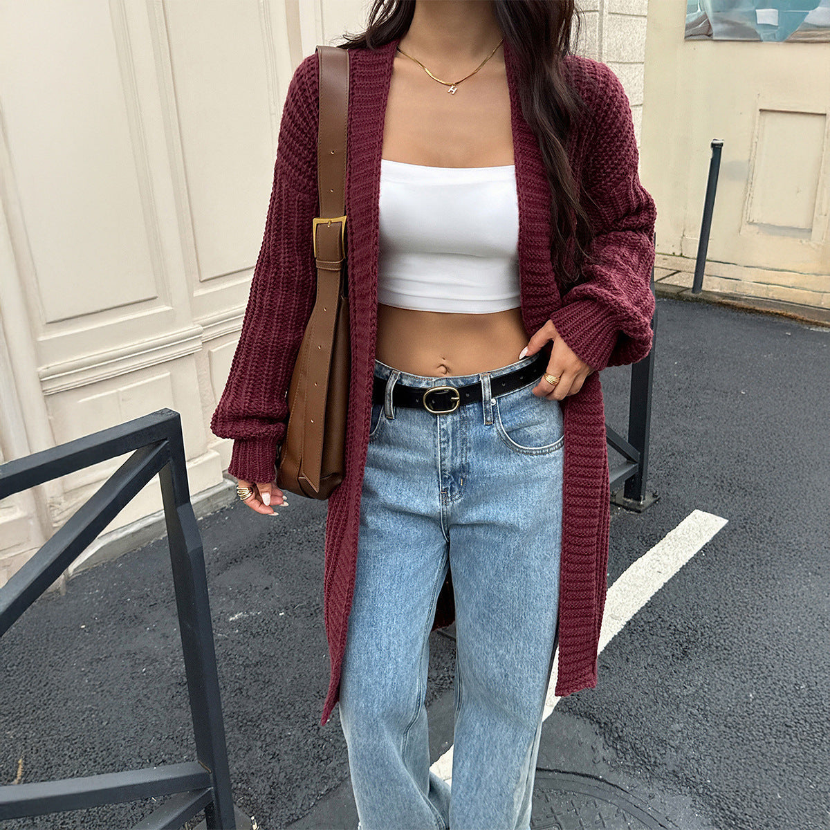 Women's knit wool cardigan coat, burgundy textured knit, open front with long sleeves