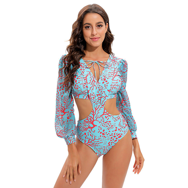 Swimsuit Backless Long Sleeve One Piece Swimsuit High Waist Tied V neck Swimsuit Women Bikini