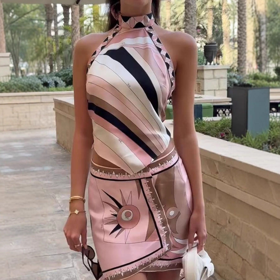Beach Print Satin Halter Backless Top Irregular Asymmetric Skirt Two Piece Set