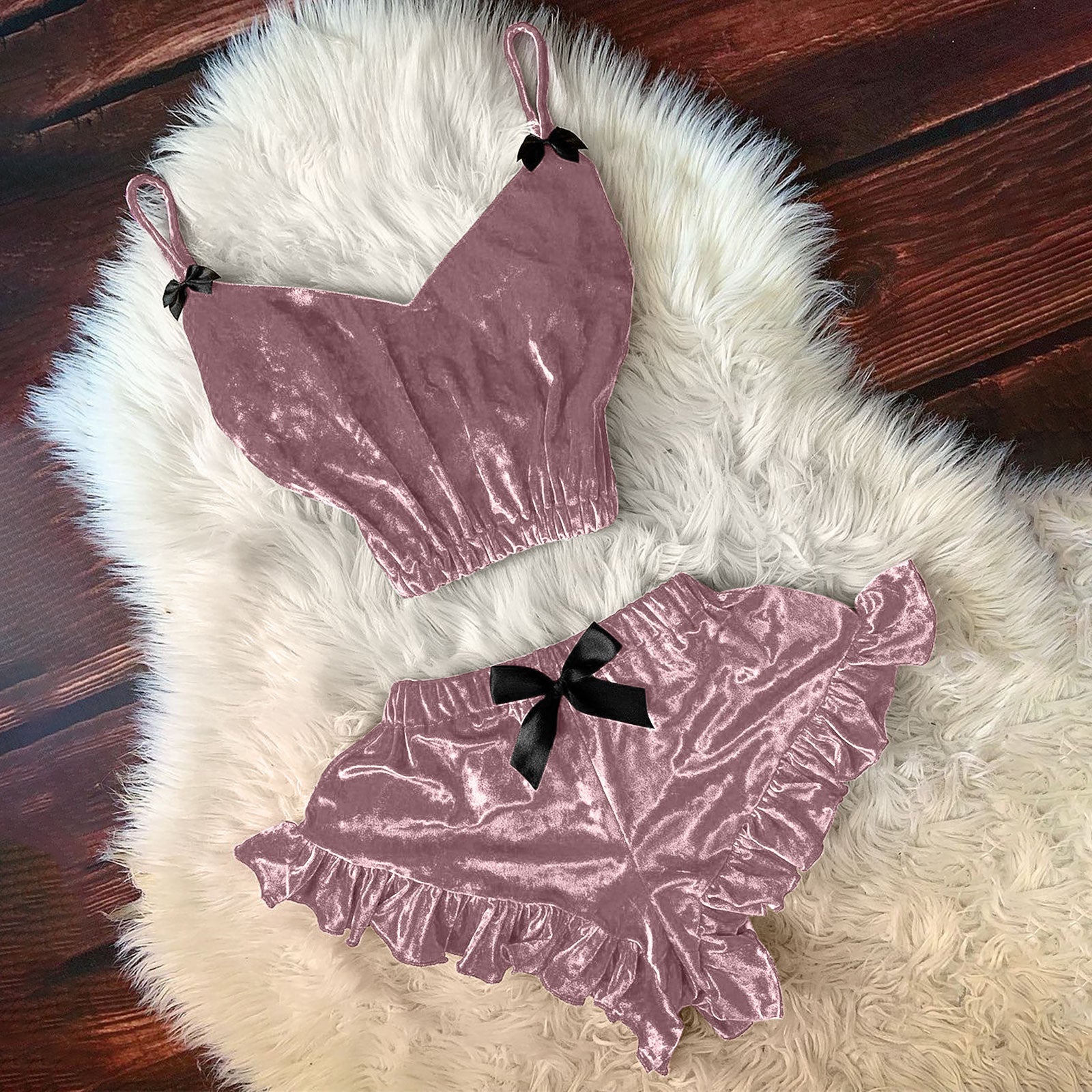 Mauve satin cami with thin straps and black bow, matching ruffle hem shorts set