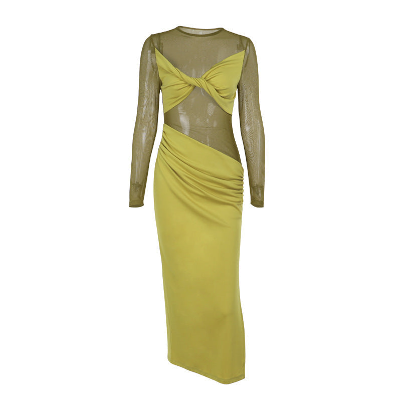 Mesh Stitching Sexy Sheer Long Sleeve Dress Women Maxi Dress