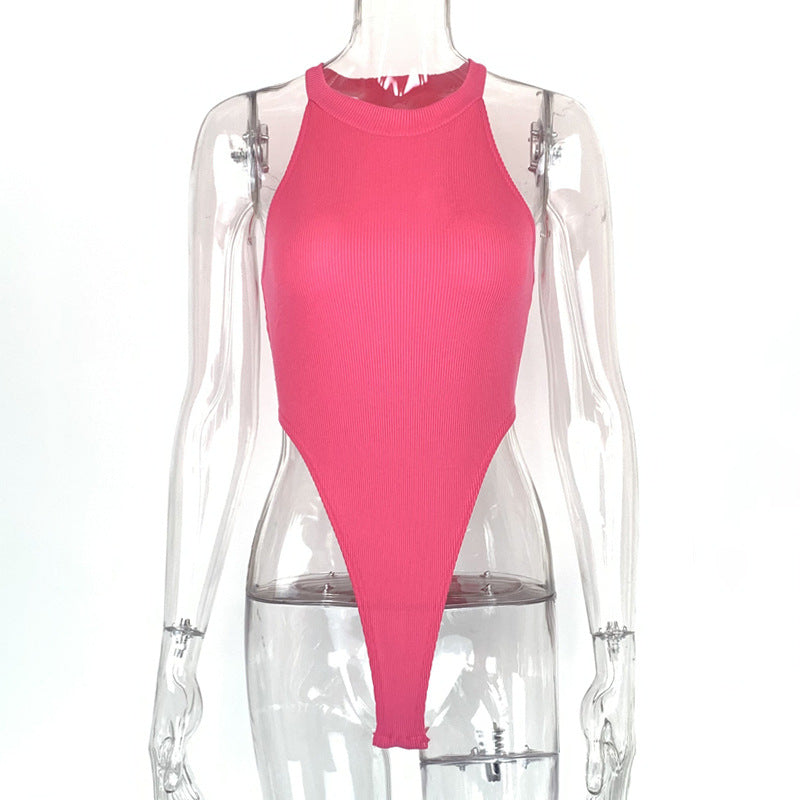 Pink sleeveless slim ribbed bodysuit with halter-style high neckline