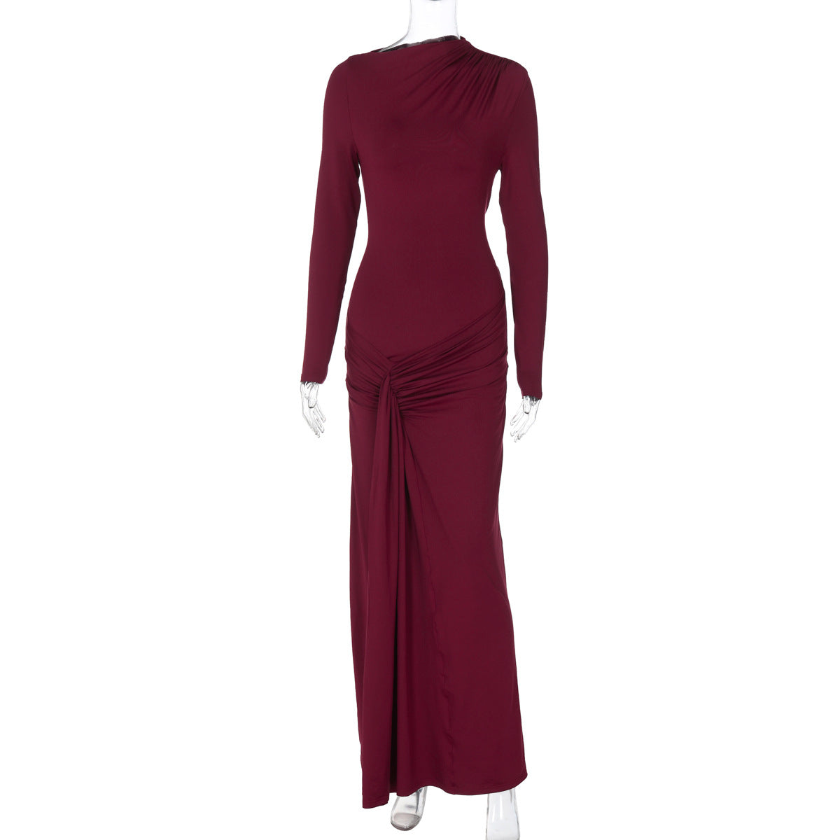 Burgundy long-sleeve ruched-waist sheath maxi dress, back view