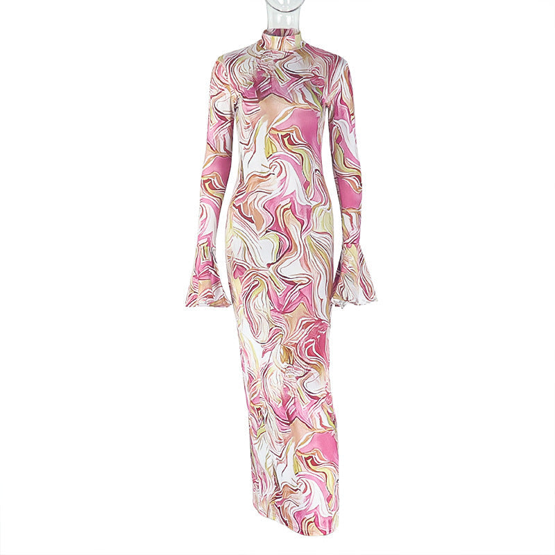 Slim Fit Slimming Women Printed Hip Home Comfortable Stand Collar Long Sleeve Length Dress