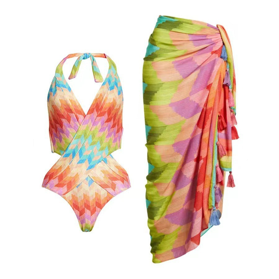 Sexy Bikini Belly Covering Beach Bikini Yarn Skirt Set Swimsuit