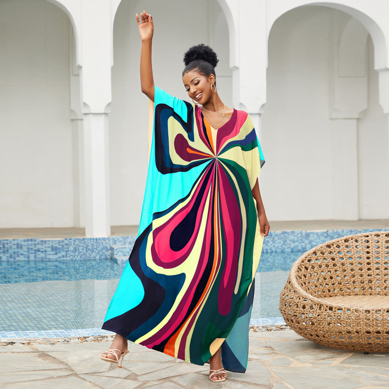 Multicolor swirl maxi cover-up dress with V-neck and loose, flowing silhouette