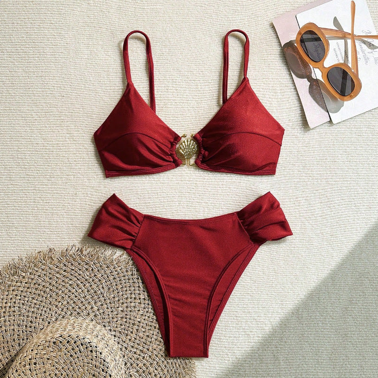 Wine red solid-color bikini set with triangle top and high-cut brief bottoms