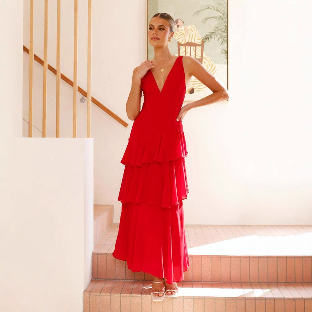 Girls' sleeveless V-neck tiered maxi dress in red, tiered ruffles at the hem