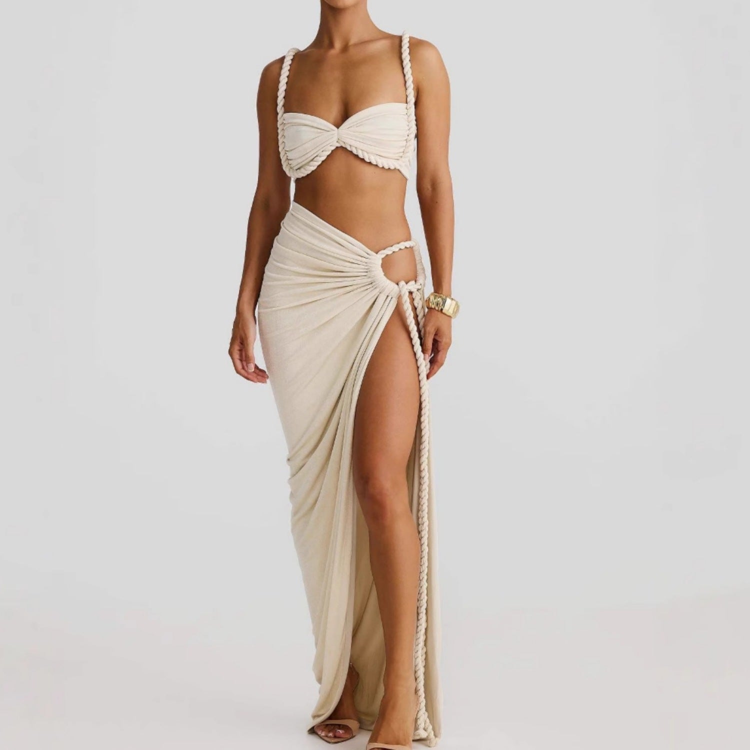 Cream halter ruched bikini top and draped high-slit wrap skirt swimsuit set